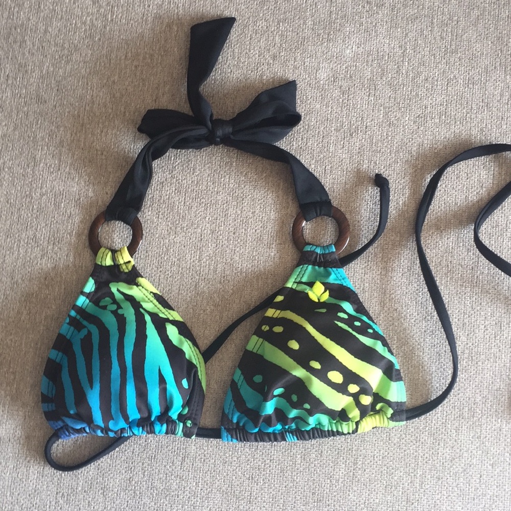 Reef triangle surf bikini top rainbow colors with brown loops swim bathing suit